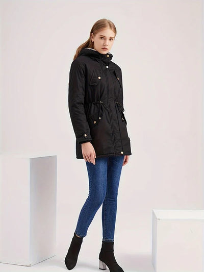 Women's Casual Knee-Length Black Fleece Winter Jacket | Ideal for Winter and Fall