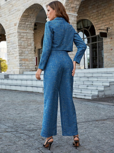 Women's Stylish Blue Tweed Crop Blazer and Trousers Co-ord Set | Ideal for Everyday Wear