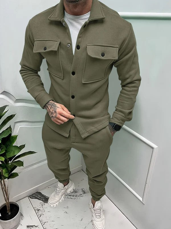 Men’s Casual Solid Color Cotton Tracksuit with Button-Up Shirt and Pants | Perfect for Autumn/Winter