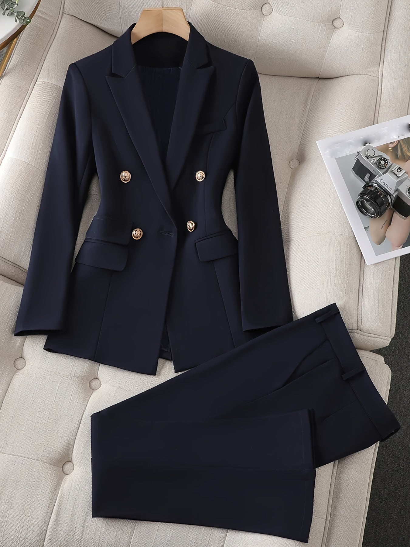 Women's Elegant Navy Blue Double-Breasted Blazer Co-ord Set | Ideal for Everyday Wear