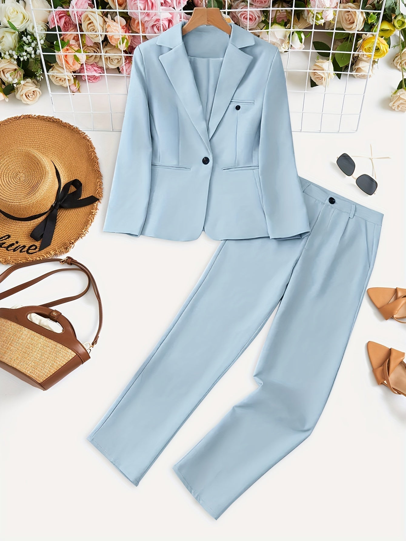 Women's Elegant Light Blue Blazer Co-ord Set with Button Details | Ideal for Everyday Wear