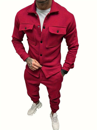 Men’s Casual Solid Color Cotton Tracksuit with Button-Up Shirt and Pants | Perfect for Autumn/Winter