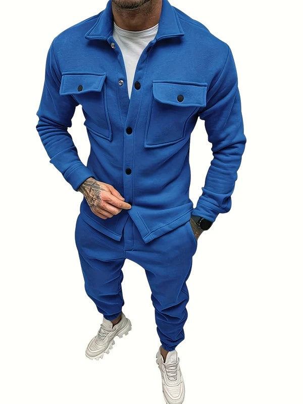 Men’s Casual Solid Color Cotton Tracksuit with Button-Up Shirt and Pants | Perfect for Autumn/Winter