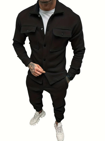 Men’s Casual Solid Color Cotton Tracksuit with Button-Up Shirt and Pants | Perfect for Autumn/Winter