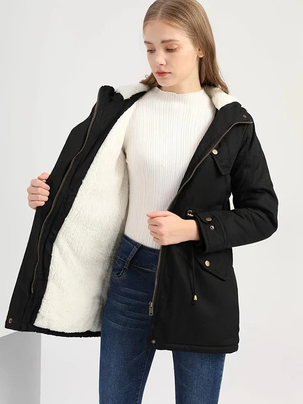 Women's Casual Knee-Length Black Fleece Winter Jacket | Ideal for Winter and Fall