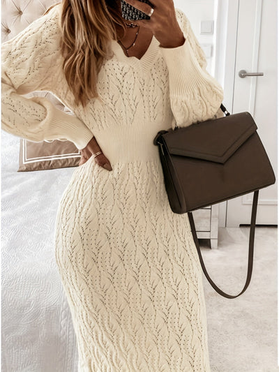 Women's Casual Solid Eyelet Sweater V-Neck Long Sleeve Midi Formal Dress | Ideal for Summer