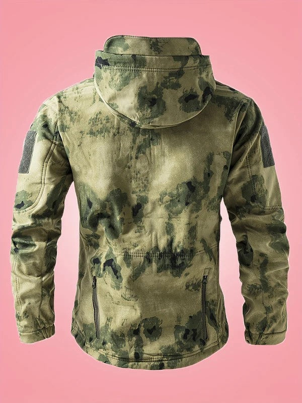 Men's Warm Military Camouflage Hooded Windbreaker Jacket with Zippered Pockets | Ideal for Autumn/Winter