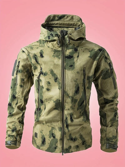 Men's Warm Military Camouflage Hooded Windbreaker Jacket with Zippered Pockets | Ideal for Autumn/Winter