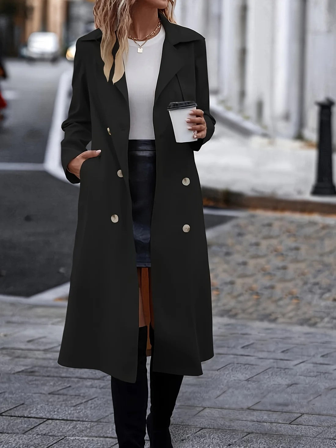 Women's Elegant Double-Breasted Black Trench Coat with Belt | Ideal for Winter and Fall