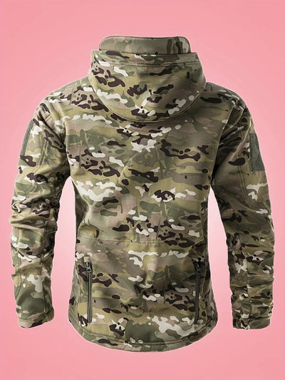 Men's Warm Military Camouflage Hooded Windbreaker Jacket with Zippered Pockets | Ideal for Autumn/Winter