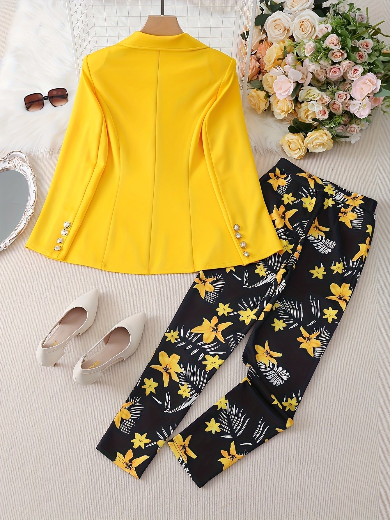 Women's Elegant Yellow Floral Print Blazer Co-ord Set | Ideal for Everyday Wear