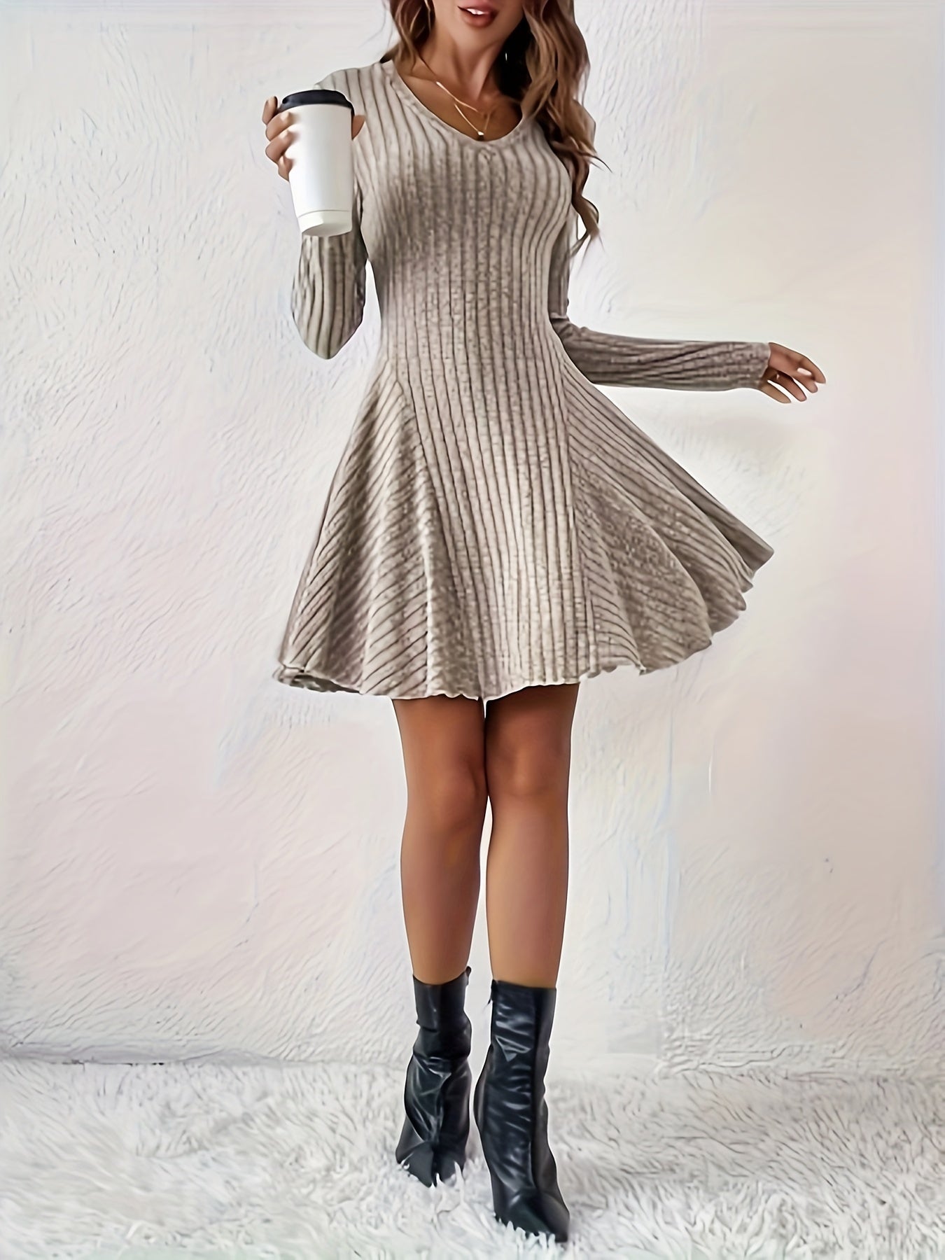 Women's Stylish Ribbed A-Line V-Neck Long Sleeve Formal Dress | Ideal for Summer