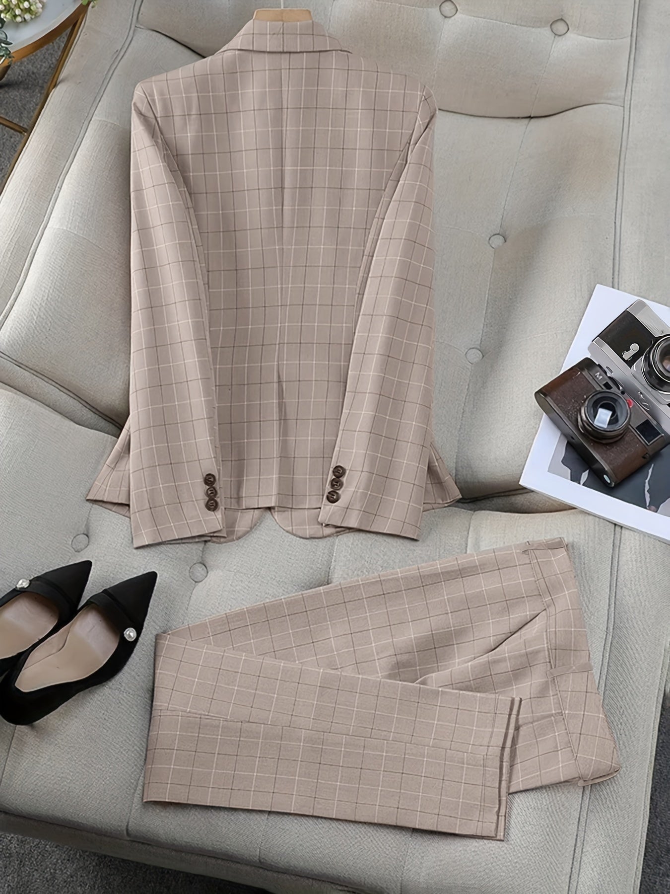 Women's Stylish Light Brown Plaid Blazer Co-ord Set | Ideal for Everyday Wear