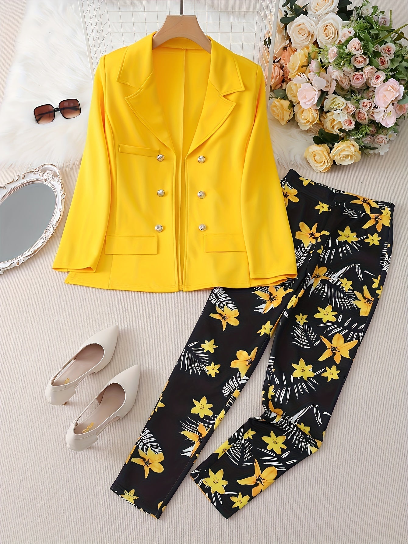 Women's Elegant Yellow Floral Print Blazer Co-ord Set | Ideal for Everyday Wear