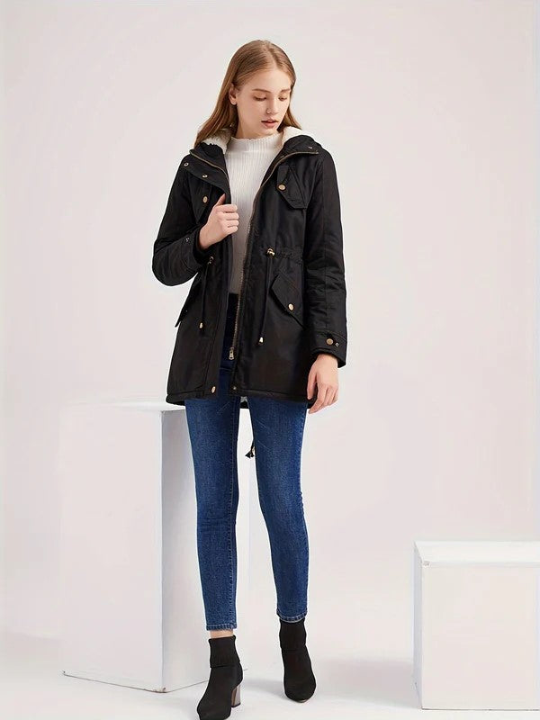 Women's Casual Knee-Length Black Fleece Winter Jacket | Ideal for Winter and Fall