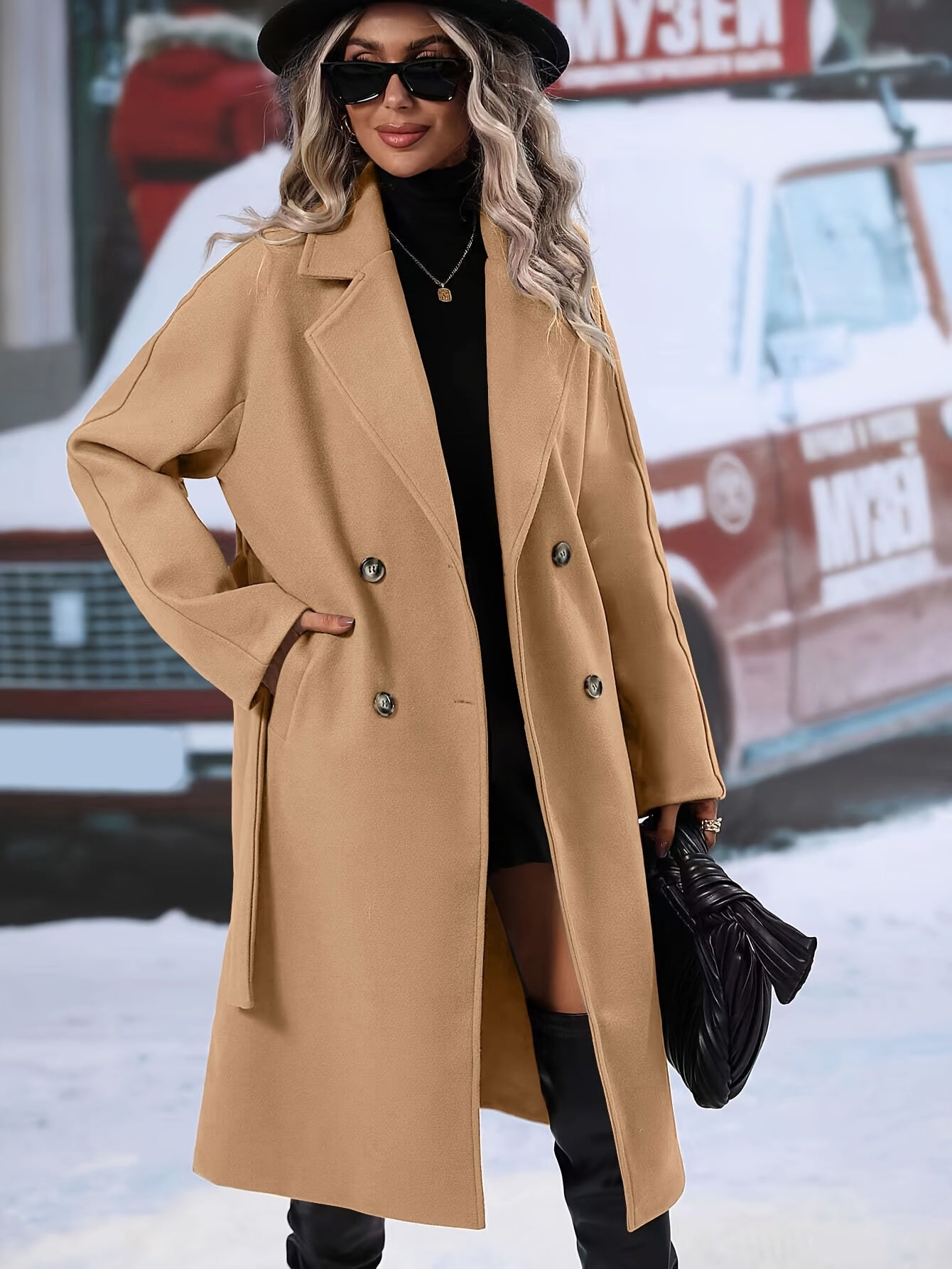 Women’s Chic Double-Breasted Wool Trench Coat with Belt | Ideal for Winter And Fall