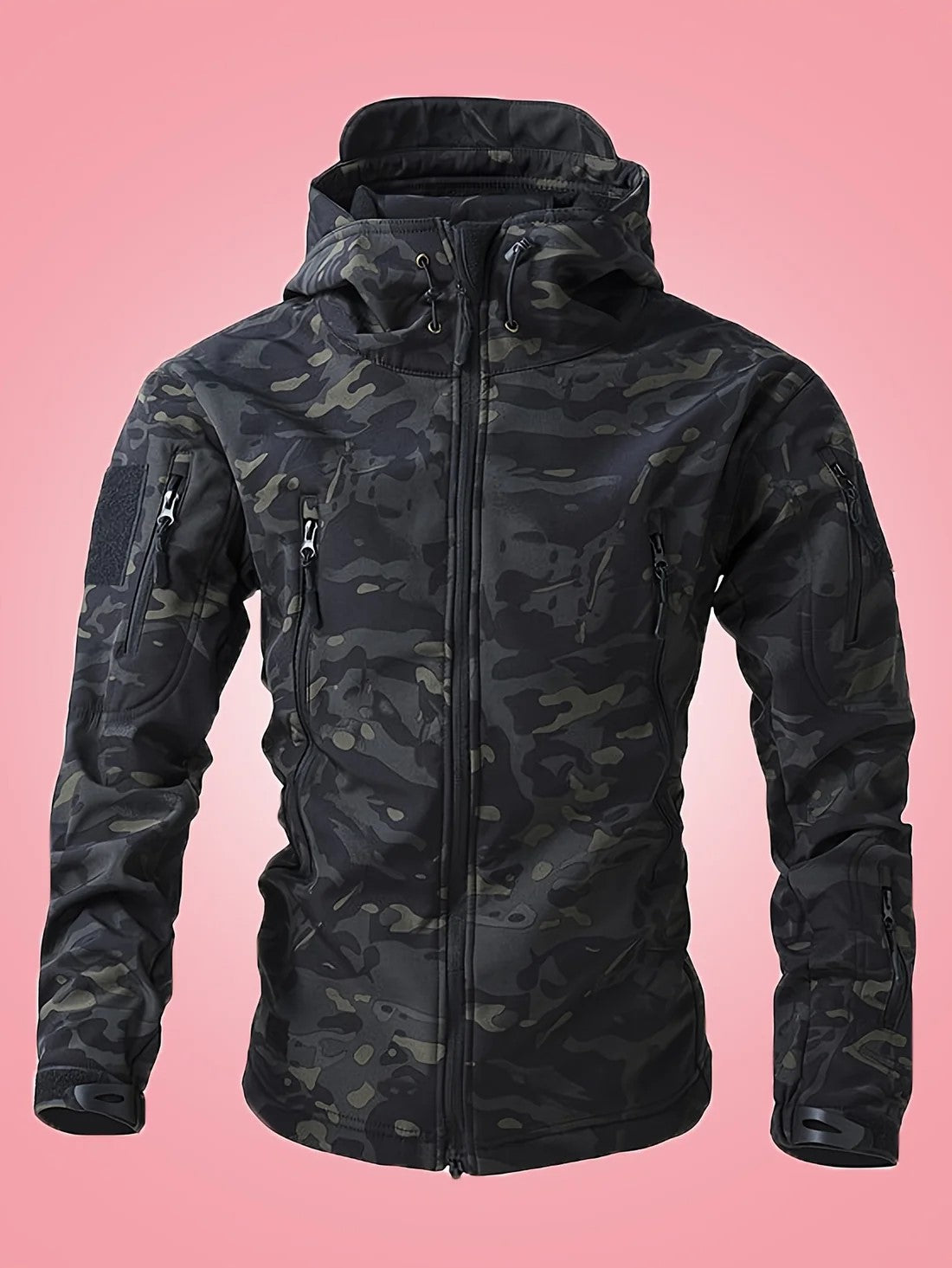 Men's Warm Military Camouflage Hooded Windbreaker Jacket with Zippered Pockets | Ideal for Autumn/Winter