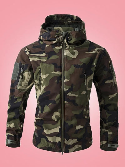 Men's Warm Military Camouflage Hooded Windbreaker Jacket with Zippered Pockets | Ideal for Autumn/Winter