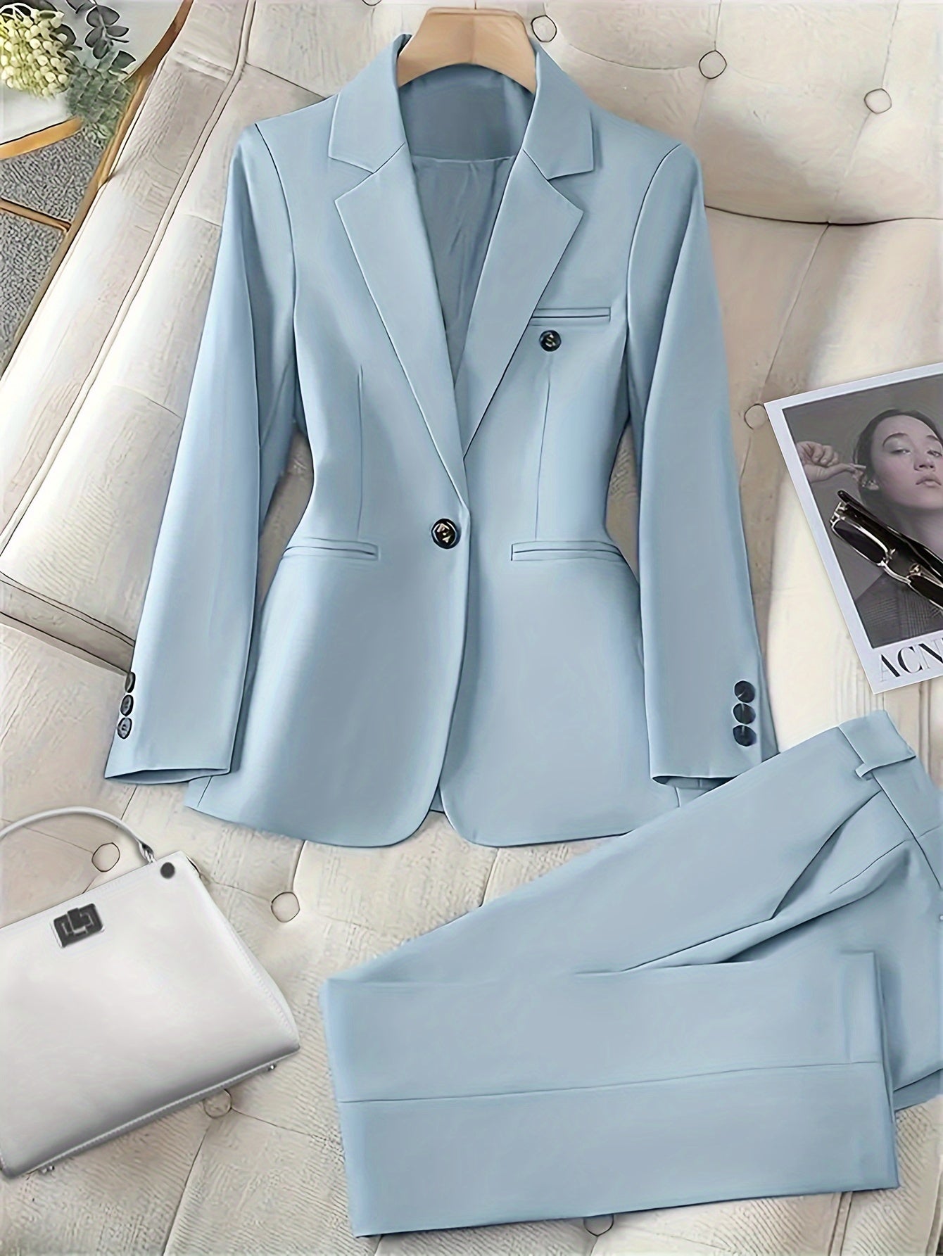 Women's Elegant Light Blue Blazer Co-ord Set with Button Details | Ideal for Everyday Wear