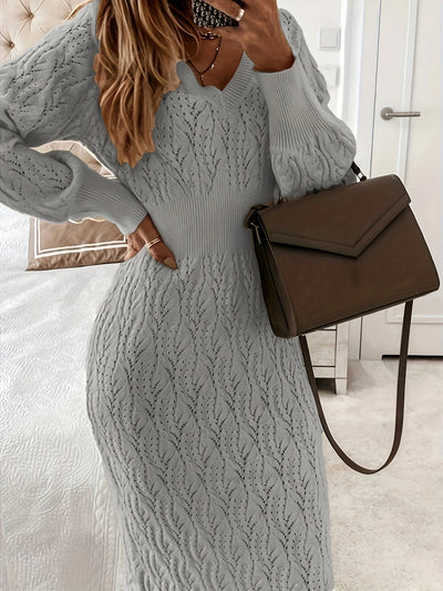 Women's Casual Solid Eyelet Sweater V-Neck Long Sleeve Midi Formal Dress | Ideal for Summer