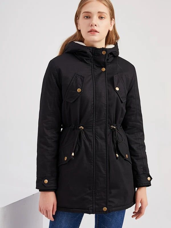 Women's Casual Knee-Length Black Fleece Winter Jacket | Ideal for Winter and Fall