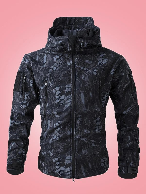 Men's Warm Military Camouflage Hooded Windbreaker Jacket with Zippered Pockets | Ideal for Autumn/Winter