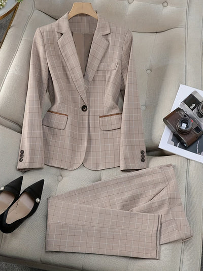 Women's Stylish Light Brown Plaid Blazer Co-ord Set | Ideal for Everyday Wear