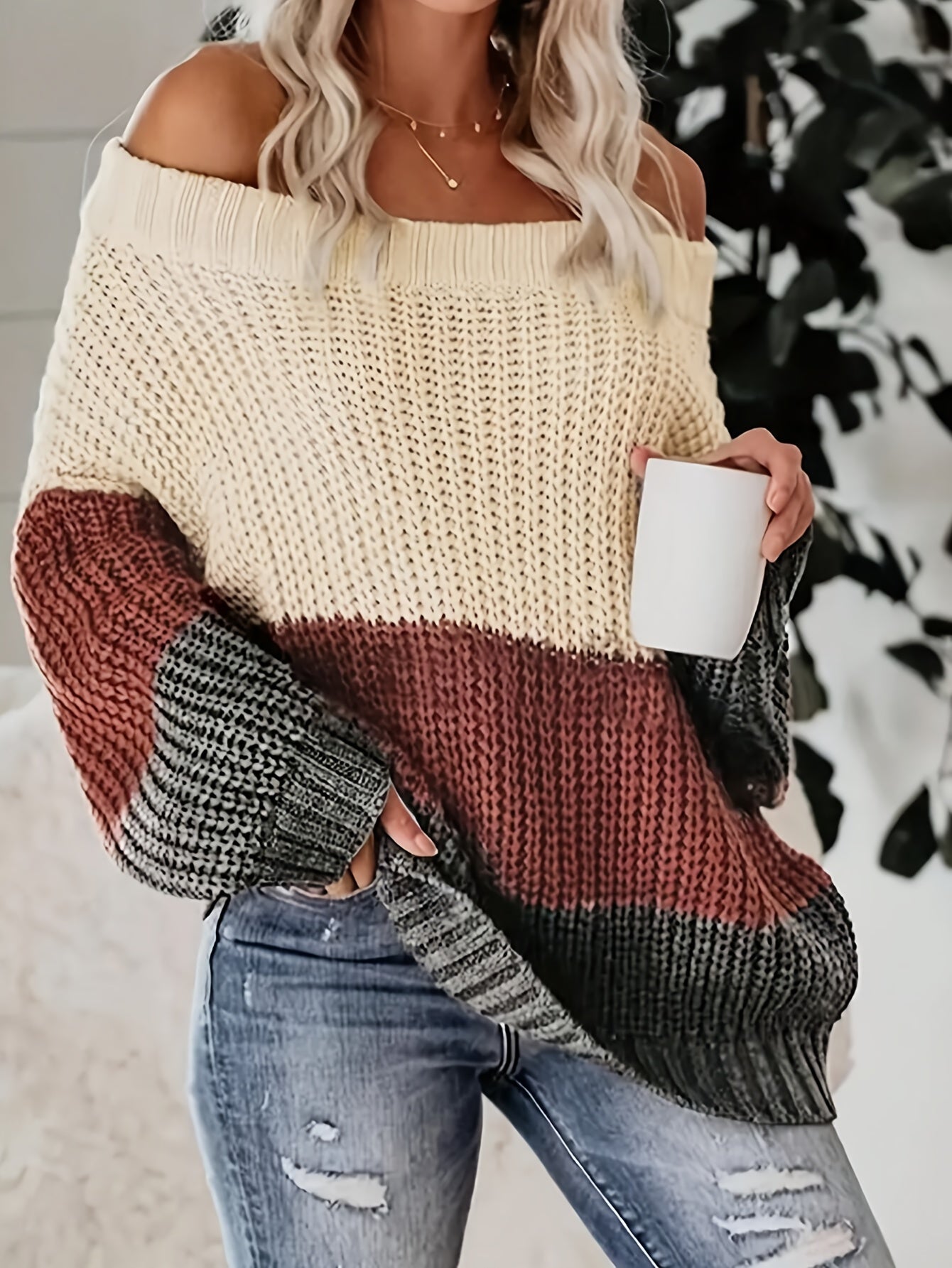 Women's Elegant Beige Off Shoulder Oversized Cashmere Sweater | Ideal for Winter