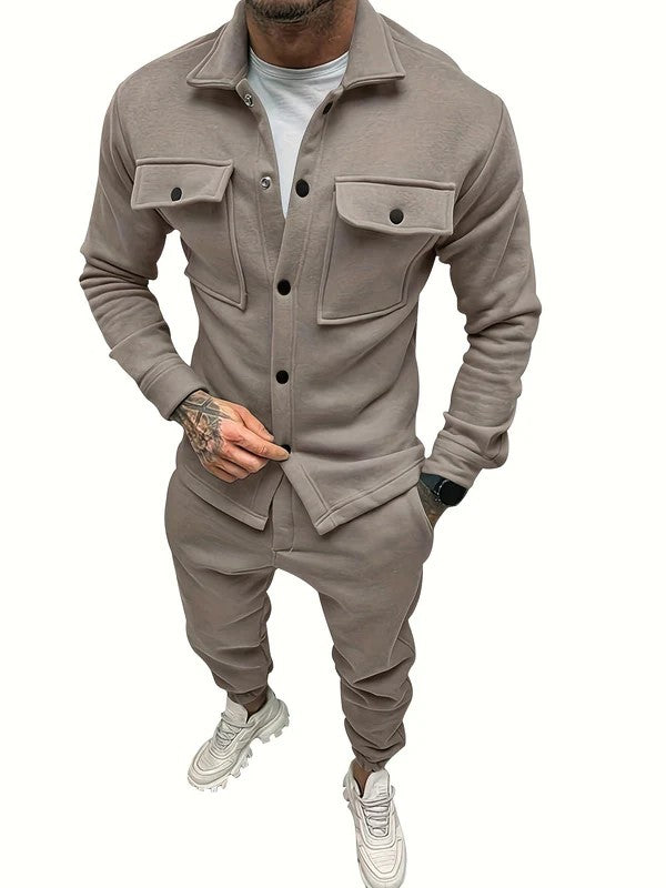 Men’s Casual Solid Color Cotton Tracksuit with Button-Up Shirt and Pants | Perfect for Autumn/Winter