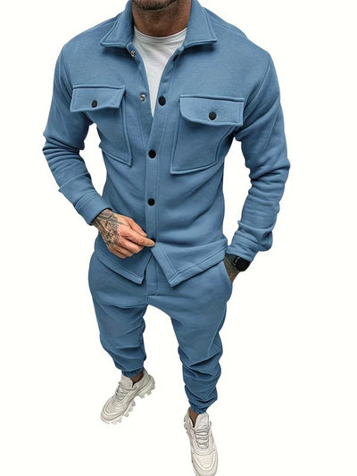 Men’s Casual Solid Color Cotton Tracksuit with Button-Up Shirt and Pants | Perfect for Autumn/Winter