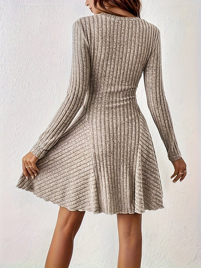 Women's Stylish Ribbed A-Line V-Neck Long Sleeve Formal Dress | Ideal for Summer