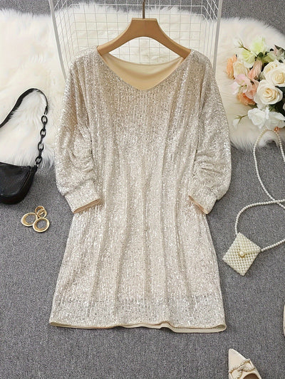 Women's Stylish Apricot Sequin V-Neck Long Sleeve Formal Dress | Ideal for Summer