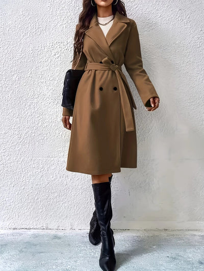 Women's Elegant Trench Coat with Belt in Solid Colour Polyester Fabric | Ideal for Winter