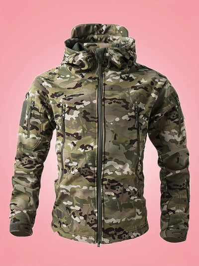 Men's Warm Military Camouflage Hooded Windbreaker Jacket with Zippered Pockets | Ideal for Autumn/Winter